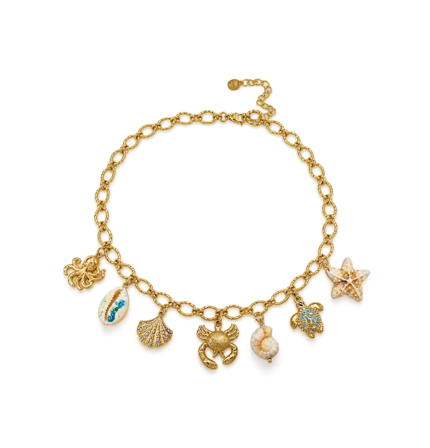 A gold-tone chain necklace with multiple sea-themed charms, including a starfish, clam shell, crab, octopus, and seashell, displayed on a clean white background.