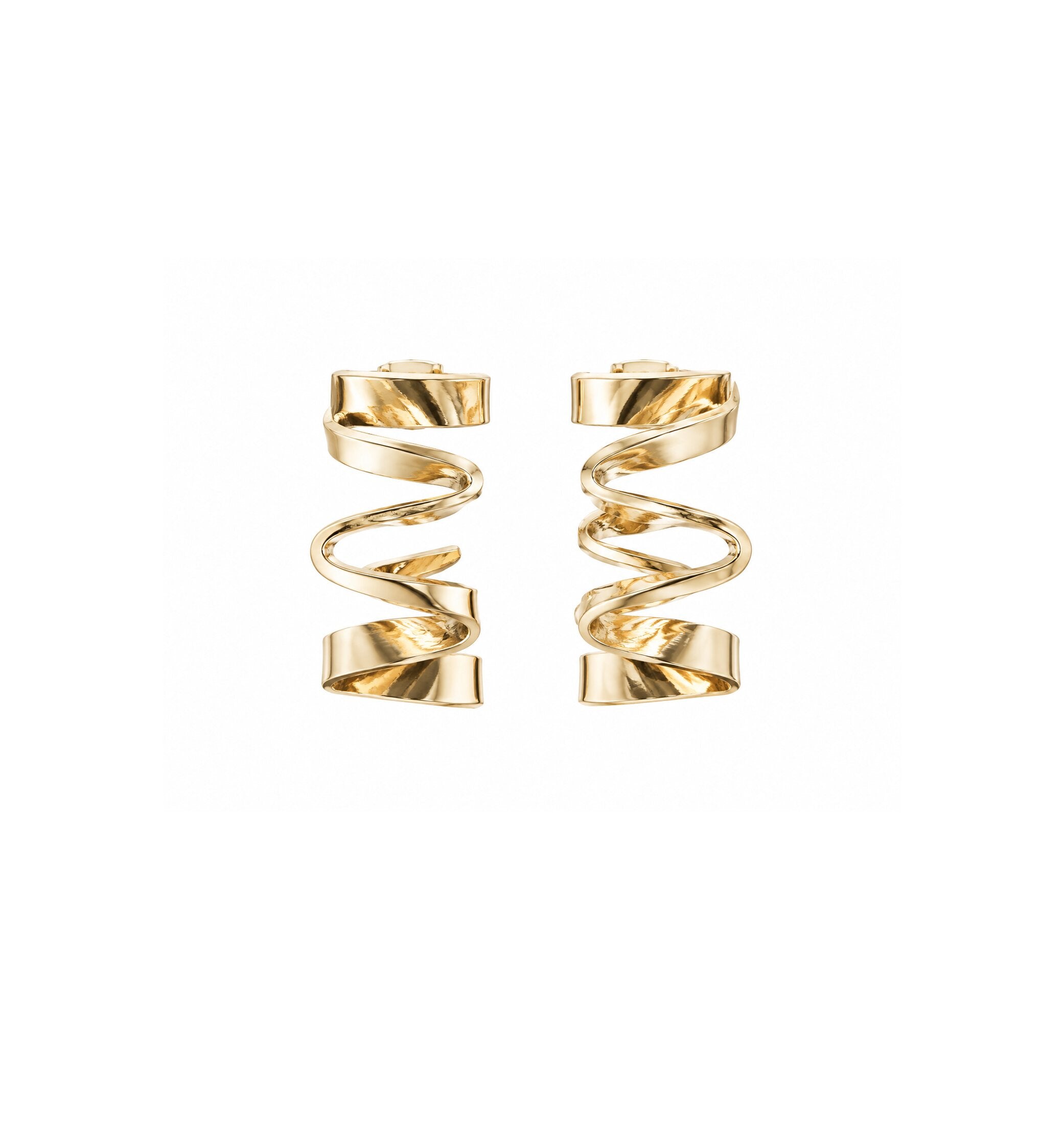 Gold zigzag hoop earrings with sculptural wavy design in stainless steel by Civaro
A pair of gold spiral wrap earrings with a polished finish, displayed on a clean white background.