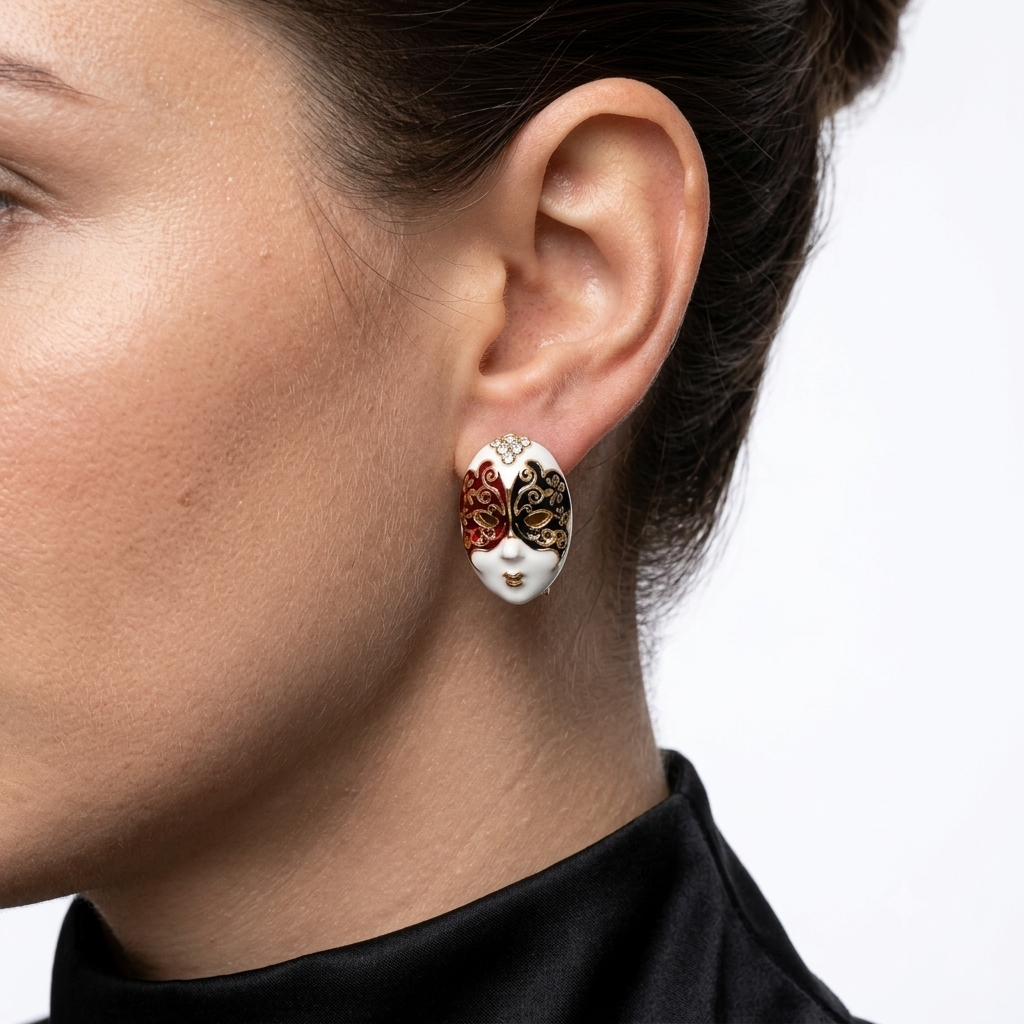 Model wearing the avant garde Masque Surrealist statement studs to show scale and dramatic facial framing
