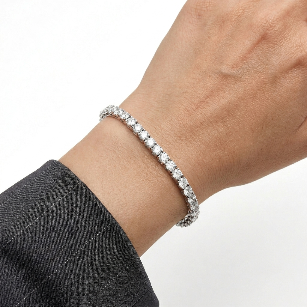     Classic 925 sterling silver tennis bracelet with cubic zirconia stones worn on wrist