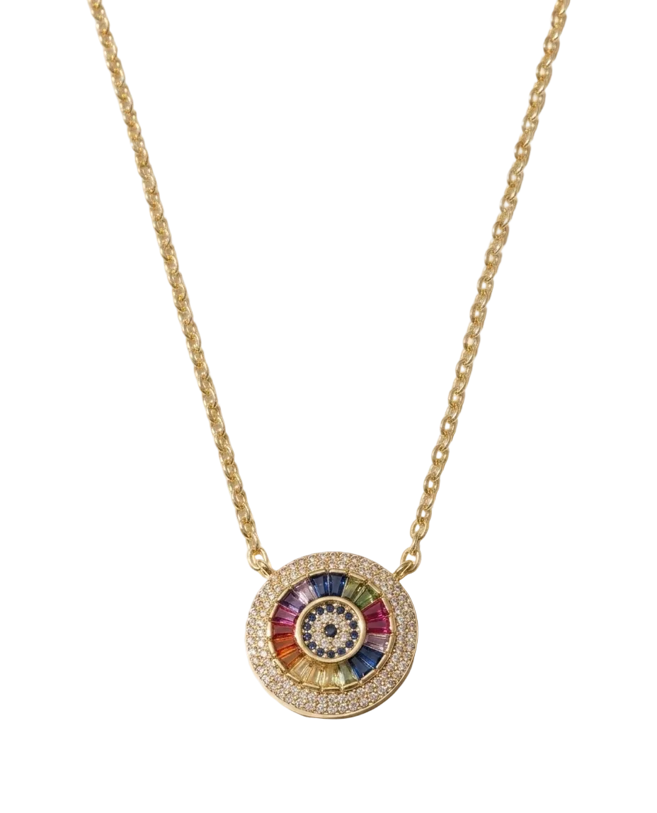 Iris Prismatic medallion necklace featuring a concentric radial spectrum of multi-colored baguette crystals worn on the neckline