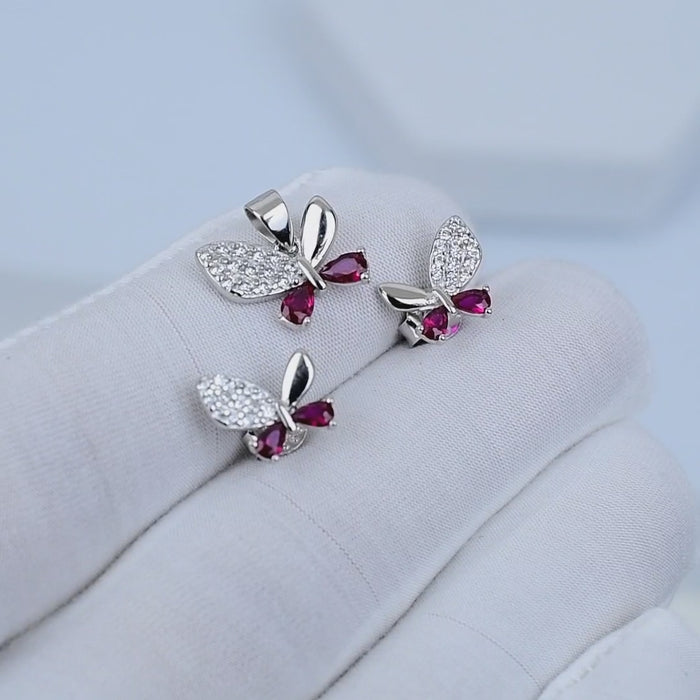 Video showcasing Roselle Butterfly Pendant Necklace in 925 sterling silver with pink and white stone detailing