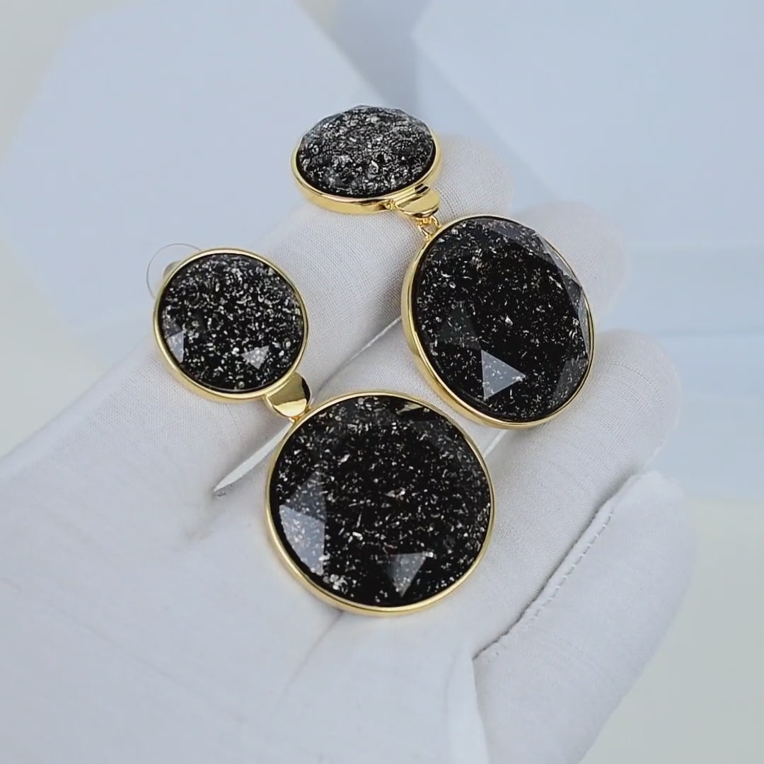 Elegant black and gold earrings with a polished 18K gold tone finish suitable for parties and evening wear by Civaro.
