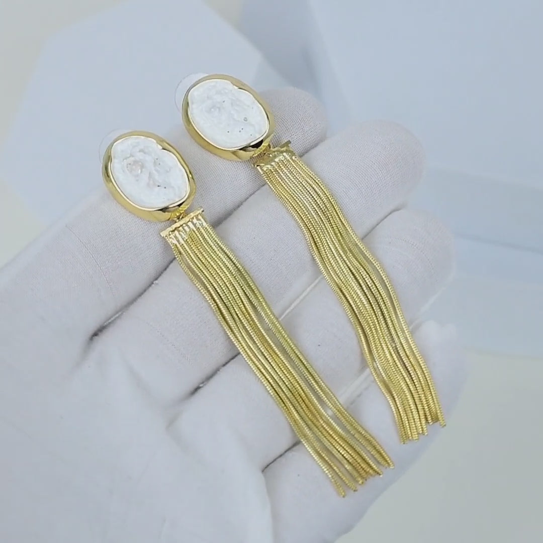 Premium brass long hanging earrings with textured white marbled resin detail for party, wedding and evening wear by civaro