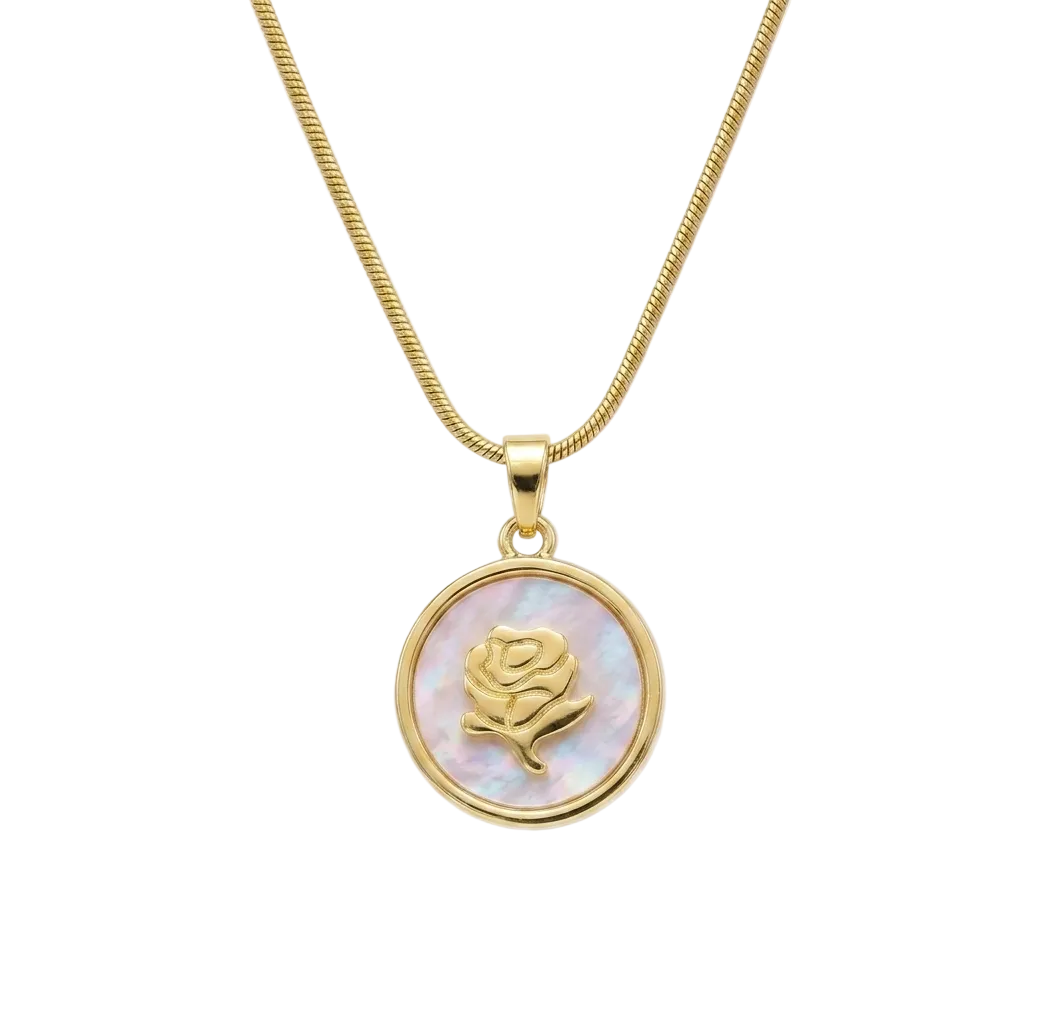 rose pendant, stainless steel anti tarnish mother of pearl