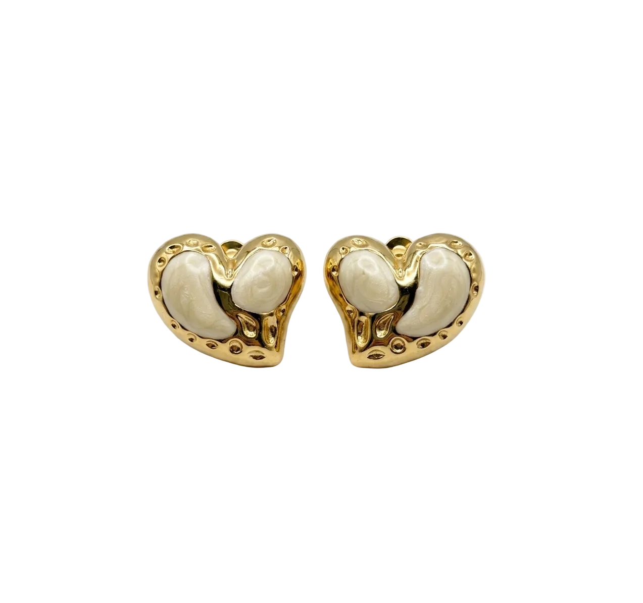 The Soul Heart Studs in Pearl, a pair of handcrafted, anti-tarnish stainless steel earrings with a fluid, organic heart design and cream-toned enamel inlay