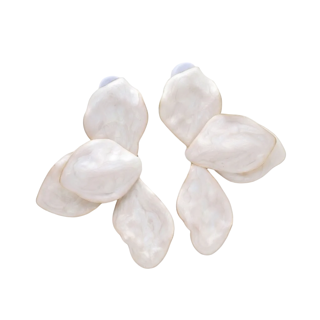 Oversized pearlescent enamel floral statement earrings with gold-tone edging.