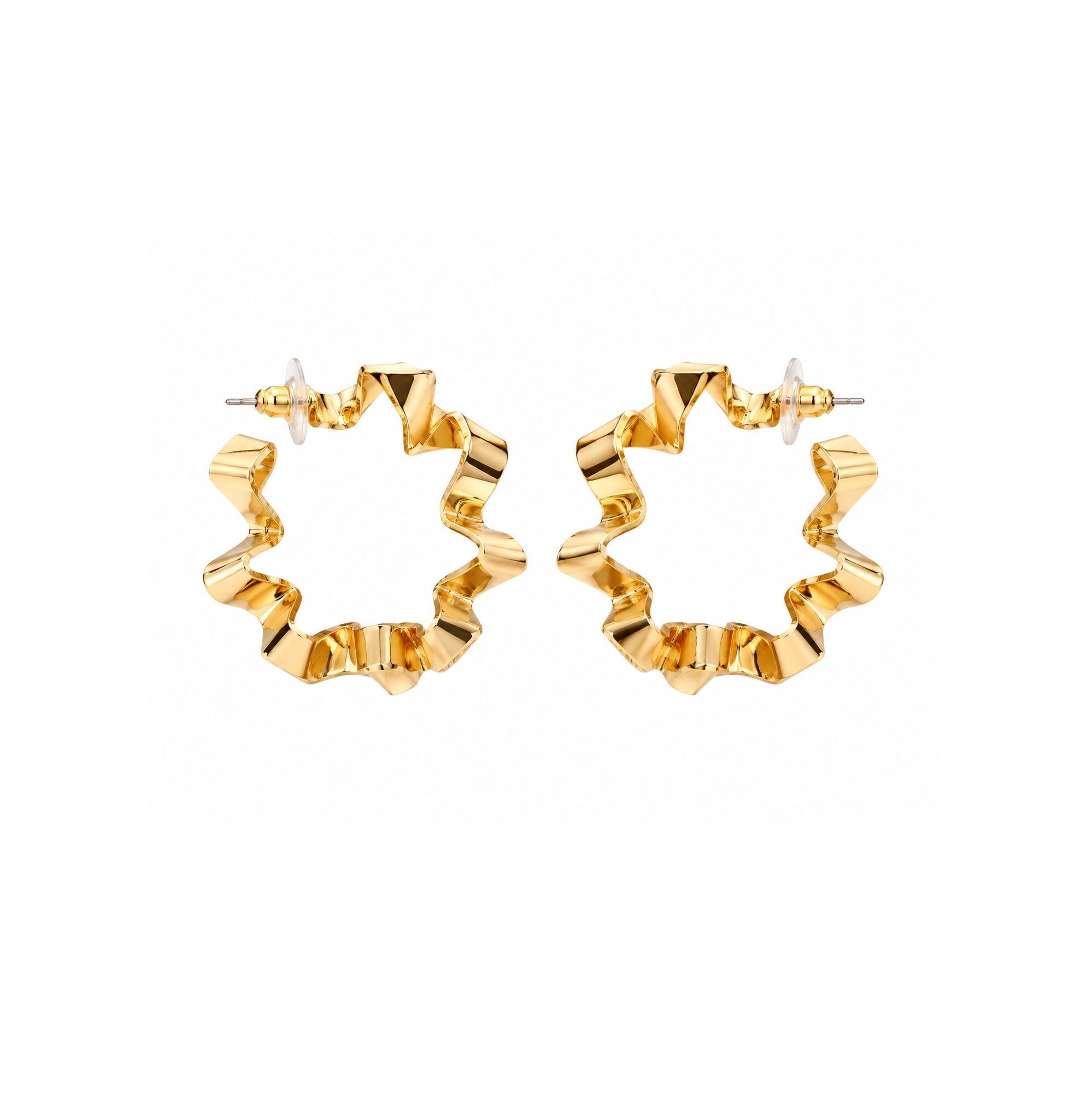 Wavy gold-tone hoop earrings with polished abstract silhouette by Civaro
A pair of gold-toned, textured hoop earrings with a wavy, scalloped edge design, displayed against a solid white background.
